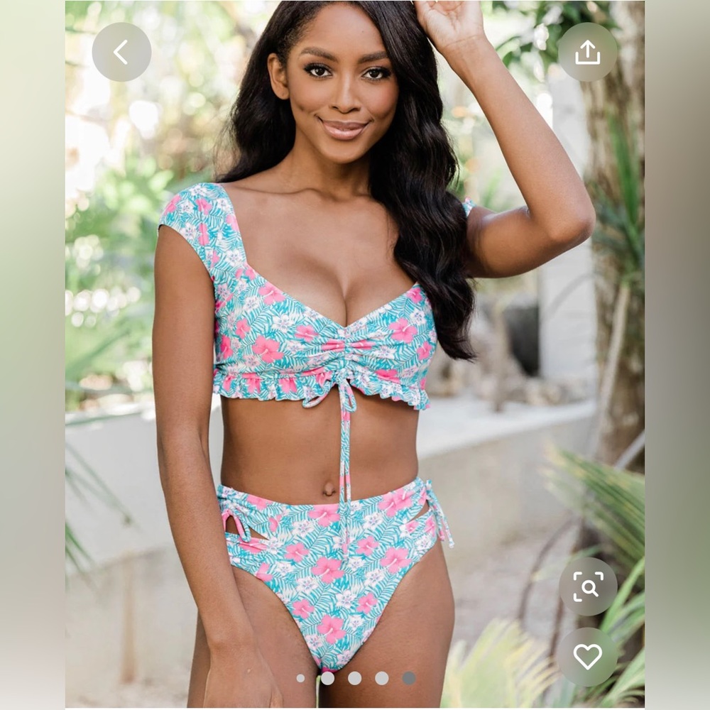 Off shoulder cinched bust bikini top with cheeky bikini cutout side bottoms